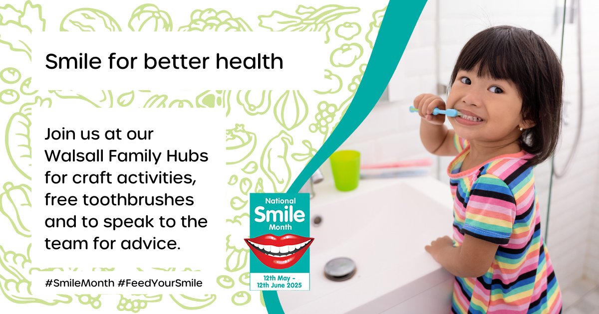 Walsall Right 4 Children (@wright4children) on Twitter photo Celebrate #NationalSmileMonth with Walsall Family Hubs! ✨🦷
Between 12 May to 12 June 2025, we’re marking National Smile Month with a series of free family-friendly sessions across Walsall Family Hubs!
To find out more email familyhubs@walsall.gov.uk
#WalsallFamilyHubs Celebrate #NationalSmileMonth with Walsall Family Hubs! ✨🦷
Between 12 May to 12 June 2025, we’re marking National Smile Month with a series of free family-friendly sessions across Walsall Family Hubs!
To find out more email familyhubs@walsall.gov.uk
#WalsallFamilyHubs