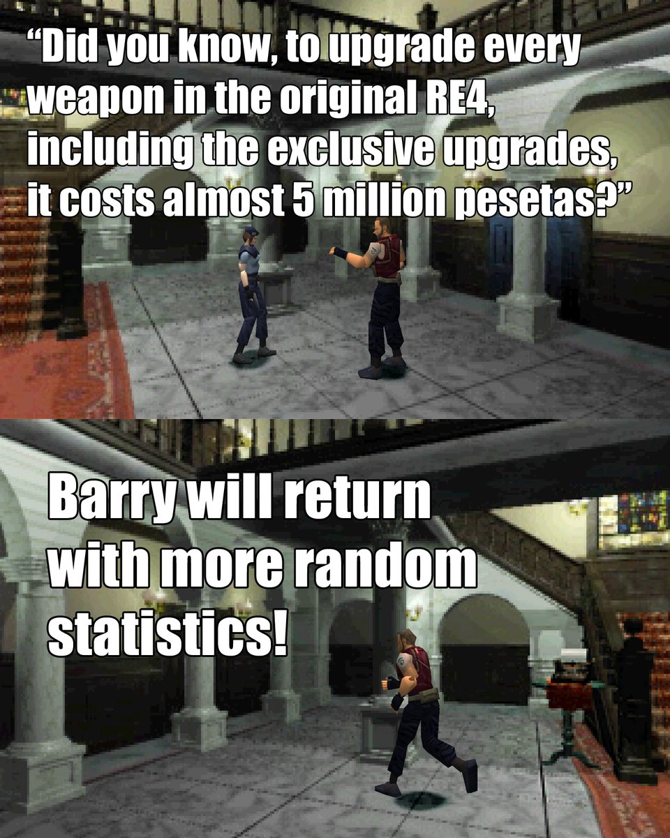 EvilResource's tweet image. In RE4 (2005) it costs a whopping 4,927,000 pesetas to fully upgrade every weapon in the game. In relative terms if you were to find and sell every treasure you find in a single playthrough, you'd only make around 600,000 pesetas. evilresource.com/resident-evil-… #REBHFun #ResidentEvil