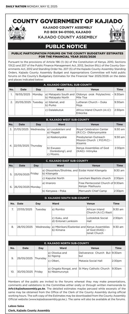 The County Assembly Budget and Appropriations Committee will conduct Public Hearings on the County Budgetary Estimates for the FY 2025/2026 as indicated in the advert. Members of the public are invited to give their views.