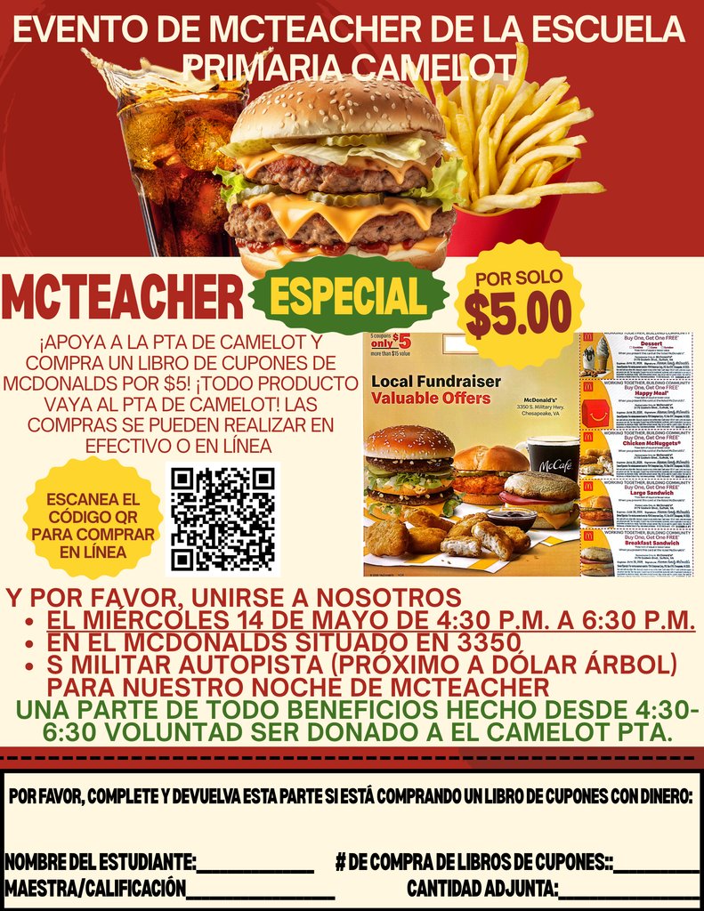 Knight Families - You are invited out to Camelot's McTeacher Night on Wednesday, May 14th from 4:30 to 6:30 PM at the McDonald's @ 3350 S Military Hwy.  See you there!  Coupon books are also available.💜🍔🍟#McTeacherNight  #WeAreTheKnights