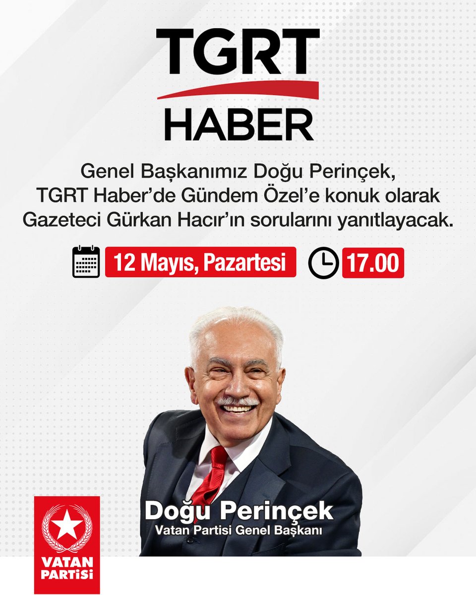 Genel Başkanımız Doğu Perinçek, bugün (12 Mayıs, Pazartesi) saat 17.00'de TGRT Haber'de Gündem Özel'e konuk olarak Gazeteci Gürkan Hacır'ın sorularını yanıtlayacaktır.