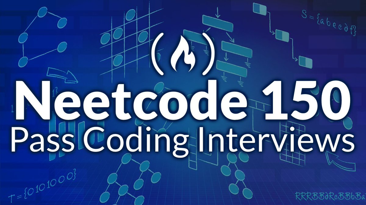 freeCodeCamp's tweet image. When you&apos;re preparing for technical interviews, you should solidify your knowledge of algorithms &amp;amp; data structures.

And many devs use LeetCode to help them practice and study.

In this course, you&apos;ll work through the Neetcode 150 – the 150 most essential LeetCode problems – to…