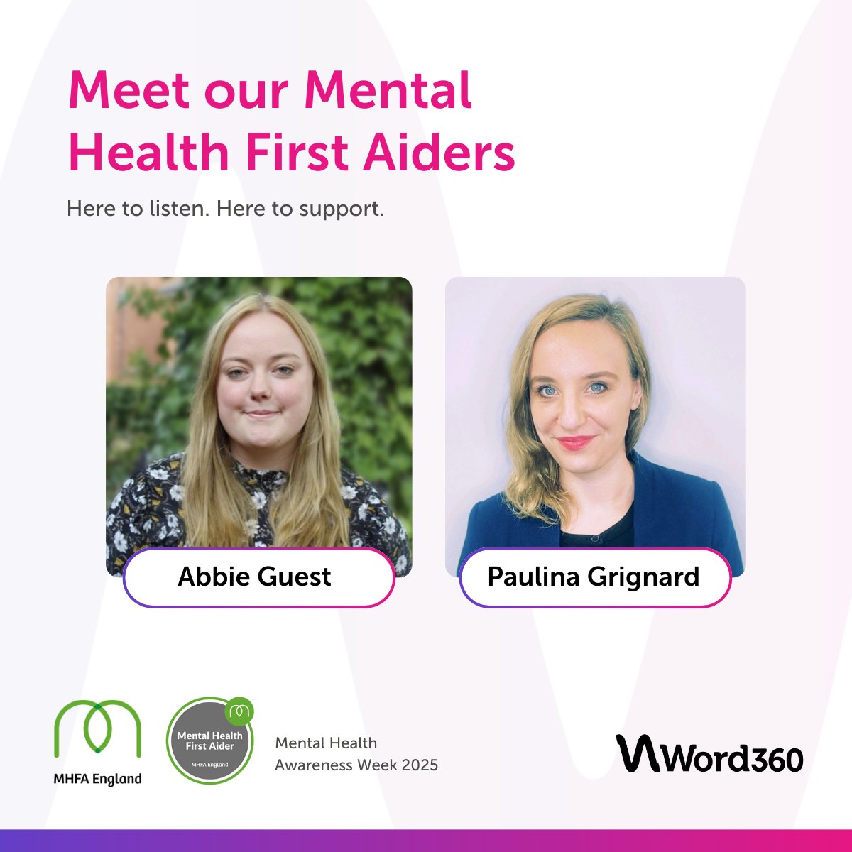 We’re proud to have Mental Health First Aiders - Abbie and Paulina, as part of our team.

Prioritising Mental Health in the workplace isn’t just good practice - it builds stronger, more connected teams. 💬💚

#MentalHealthAwarenessWeek #ThisIsMyCommunity #translation #nhs