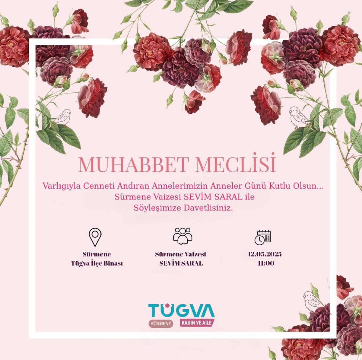 📍Muhabbet Meclisi ♥️

Kadın ve Aile Koordinatörlüğümüz bünyesinde muhabbet meclisi sohbetimize davetlisiniz.

🎀Bu hafta Muhabbet Meclisinde ; İslamın Annelere ve Kadınlara verdiği değer konusu işlenecektir .