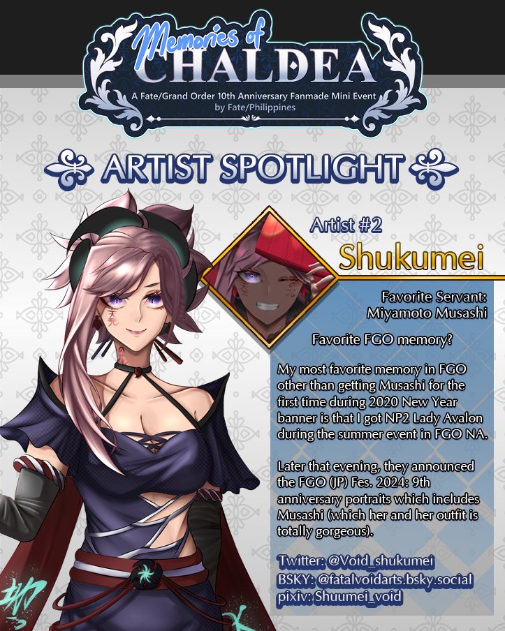 {••ARTIST SPOTLIGHT••}

Today's event servant rate up is... Miyamoto Musashi, drawn by none other than <a href="/Void_shukumei/">Shukumei✒️ || Bushiroad Spring Fest PH</a>!

Let's see what they have so say about FGO as a whole!

Who do you think are the next servants in the roster?

#MemoriesOfChaldea #FGO #FPH