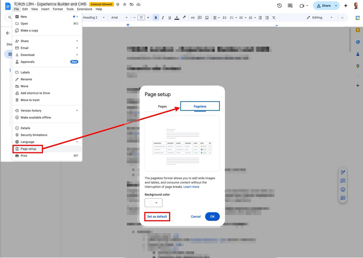 #GDoc productivity tip: go pageless!
We rarely print work documents so why bother to display your content with  page breaks and margins?
Make the best use of your screen in just a couple of clicks:
1. Go to File &gt; Page Setup
2. Toggle Pageless mode
3. Click Set as default