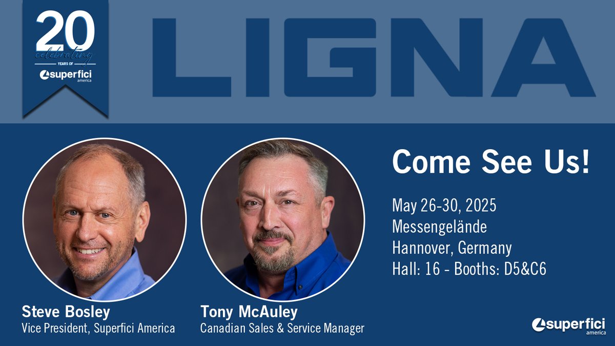 Superfici America is at #LIGNA2025 in Hannover, May 26–30. Meet VP Steve Bosley &amp; Canadian Sales Manager Tony McAuley in Hall 16, Booths D5 &amp; C6. Discover our #AutomatedFinishing solutions. Linking people, driving innovation. #Woodworking

Get tix 👉 loom.ly/HTvKEXA