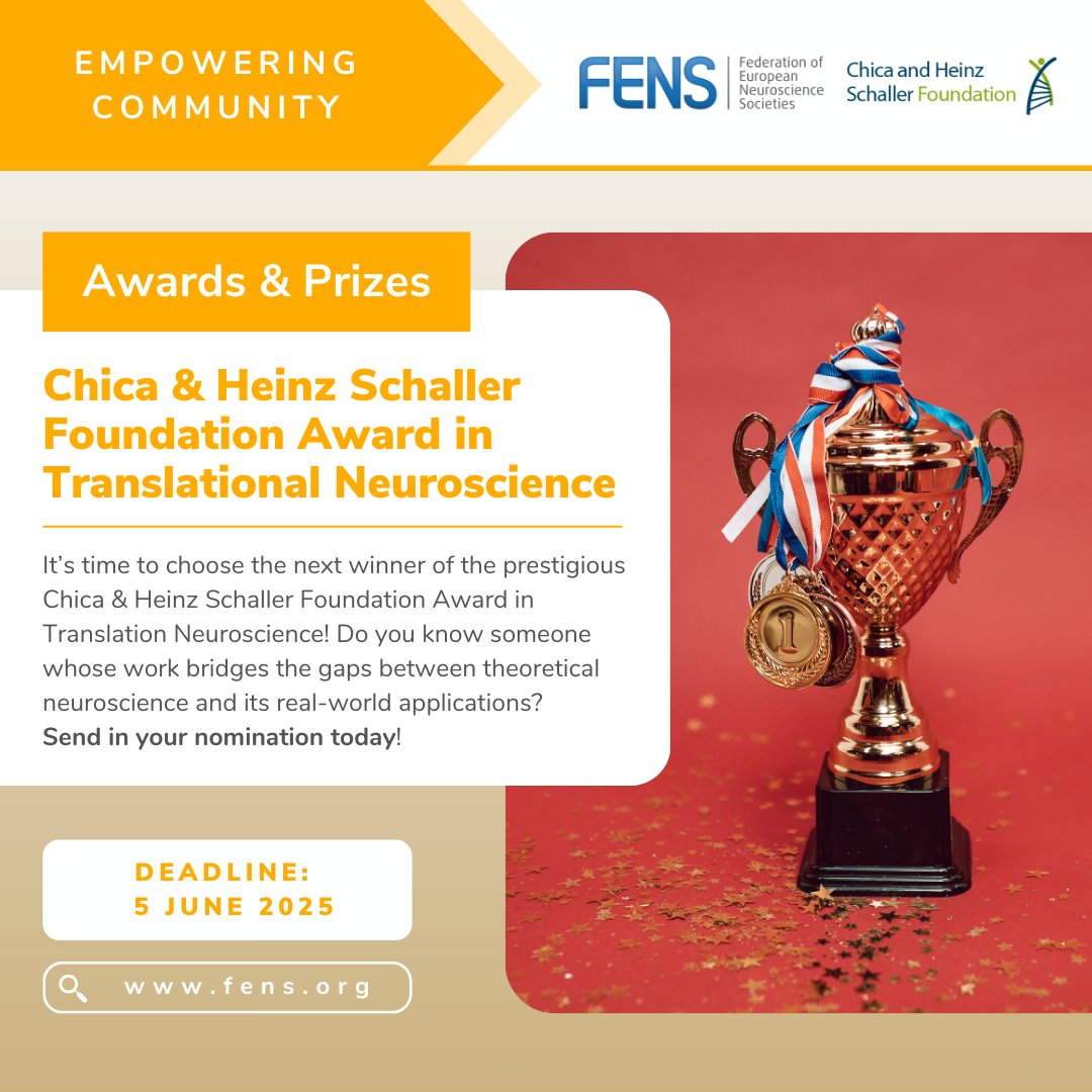 FENS (@fensorg) on Twitter photo 🏅 Nominations are open for the Chica & Heinz Schaller Foundation Award in #TranslationalNeuroscience! 
The award includes:
💶 A €50,000 prize
🗣️ A #FENSForum lecture
Check the requirements and submit your nominations by 5 June! 🗓️
🔗 loom.ly/14jAHT8
#FENS 🏅 Nominations are open for the Chica & Heinz Schaller Foundation Award in #TranslationalNeuroscience! 
The award includes:
💶 A €50,000 prize
🗣️ A #FENSForum lecture
Check the requirements and submit your nominations by 5 June! 🗓️
🔗 loom.ly/14jAHT8
#FENS