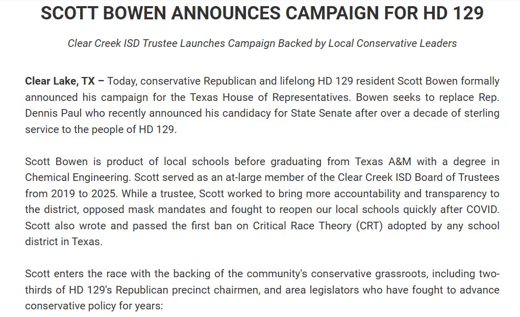 bradj_TX's tweet photo. New: Scott Bowen announces bid for #HD129, currently held by @DennisPaul129, who's running for #SD11. He's endorsed by @mayes_middleton, @BriscoeCain, @cvasut, & more. #txlege
Bowen is on the @TexasGOP SREC & is a Clear Creek ISD trustee, re-election for which he lost on 5/7. https://t.co/XWjtLrdeBL