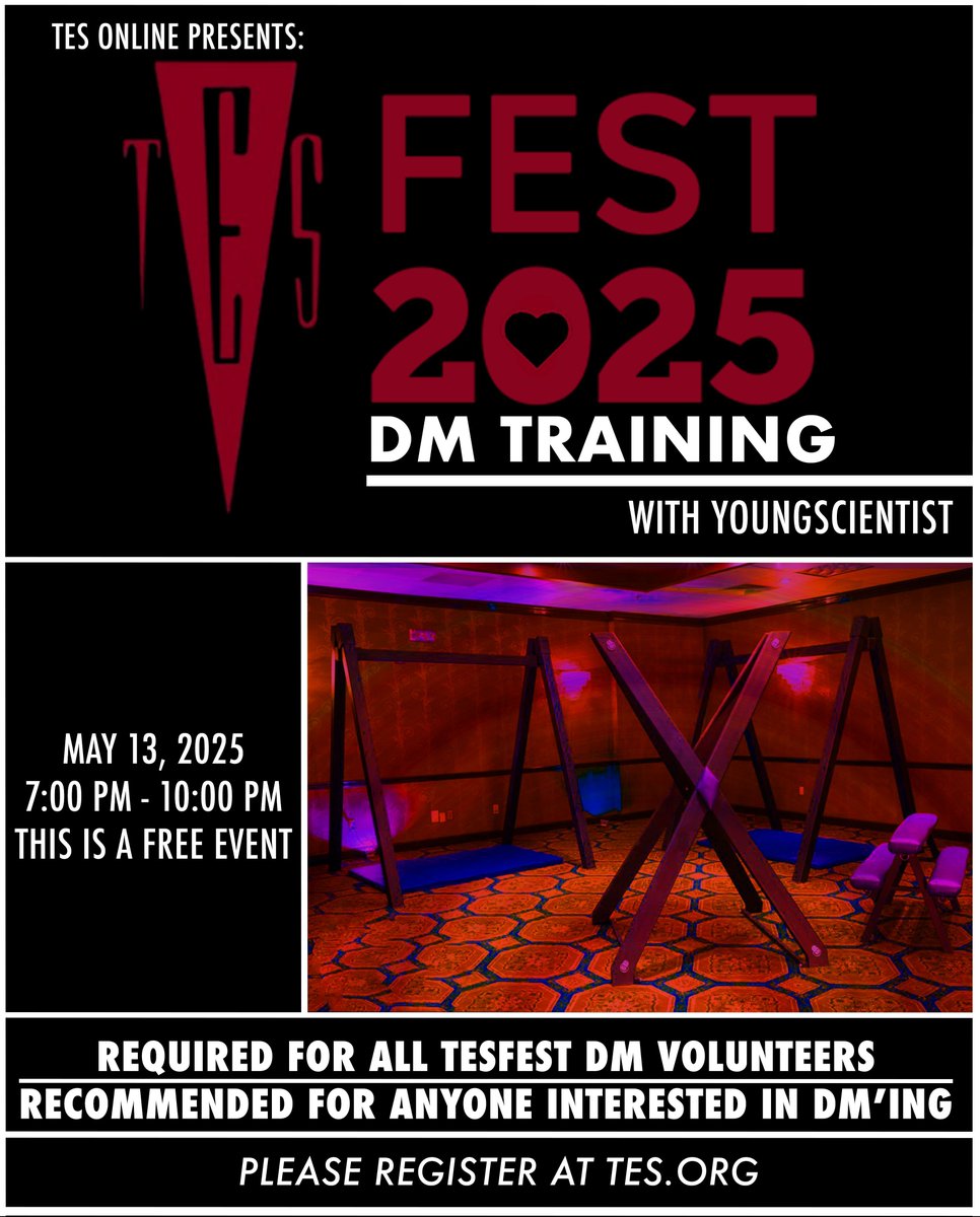 Calling all Dungeon Monitor volunteers for TES Fest 2025! Join TES Fest 2025 Safety Chair, YoungScientist, ONLINE tomorrow at 7p for "Become A DM for TF2025"! Learn to facilitate a safe dungeon. All are welcome to this FREE VIRTUAL class! #TESFest2025 #DungeonMonitor #SafetyFirst