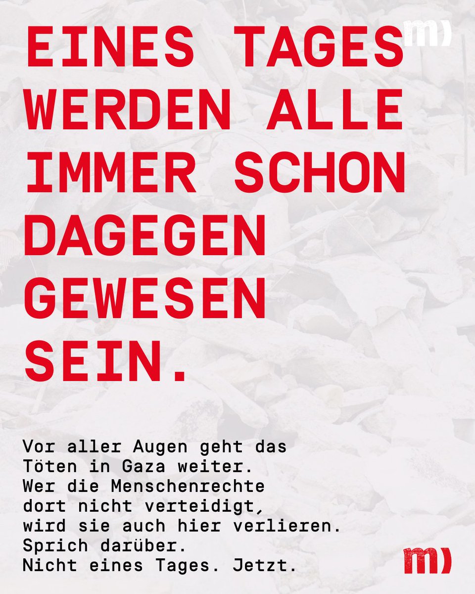 Deswegen müssen wir über Gaza sprechen. Nicht eines Tages. Jetzt. Hänge das Plakat auf, lege die Postkarte aus, oder teile das SharePic auf deinen Kanälen. 7/7