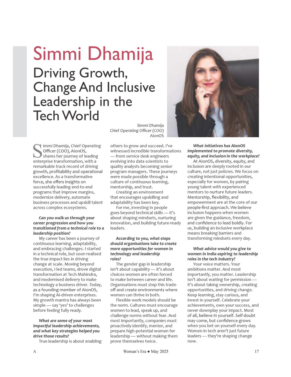 Simmi Dhamija, our COO, was recently featured in @Womanseramagazine Era Magazine - May 2025 print edition.

The article captures Simmi’s inspiring journey—driving enterprise transformation through inclusive leadership, digital innovation, and a people-first approach.