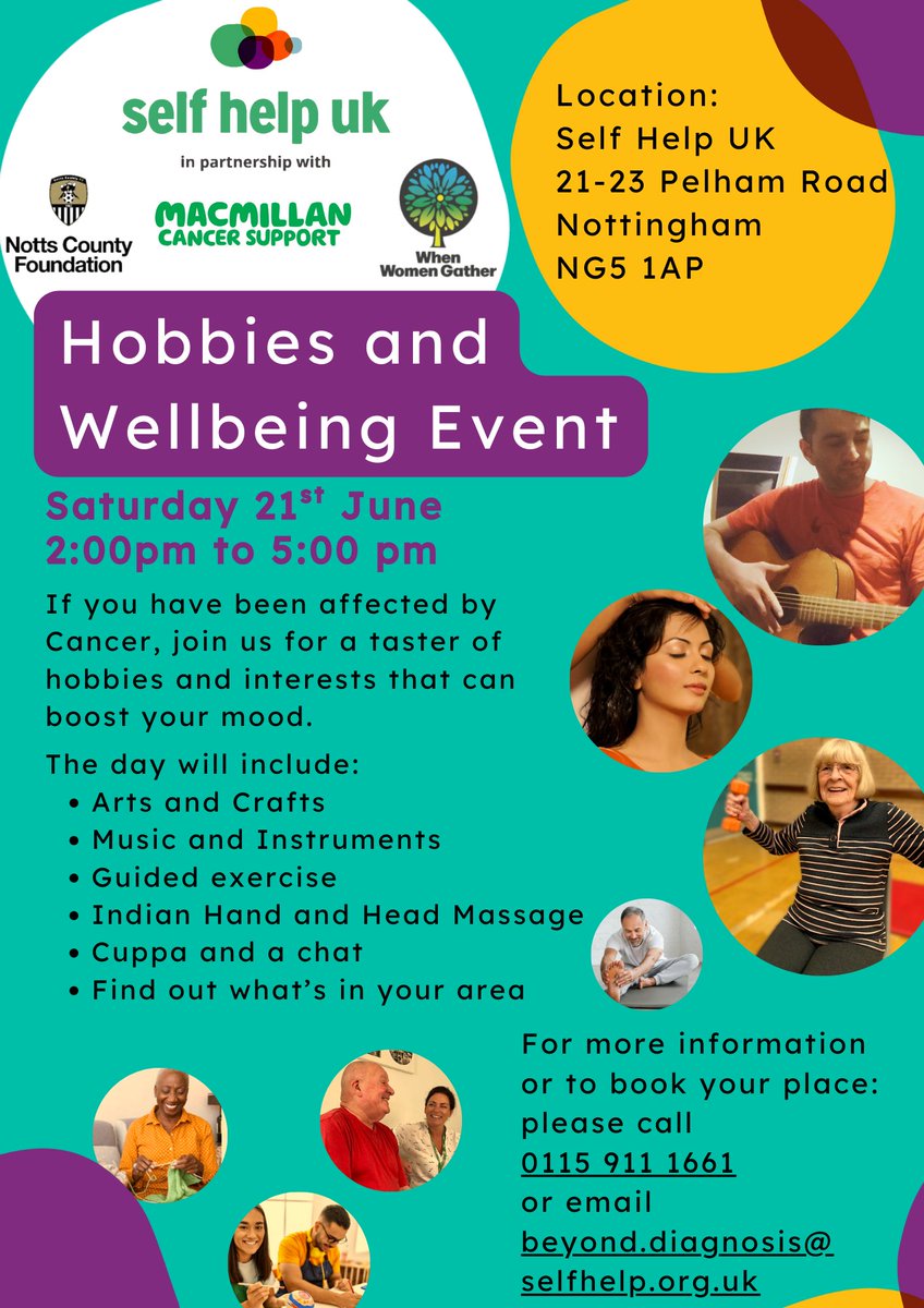 Nottingham Macmillan Information & Support Service (@nottsmacmillan) on Twitter photo The lovely team at <a href="/SelfHelpTeam/">Self Help UK</a> are hosting a Hobbies and Wellbeing Event on the 21st of June! Contact them on 01159111661 to book your place The lovely team at <a href="/SelfHelpTeam/">Self Help UK</a> are hosting a Hobbies and Wellbeing Event on the 21st of June! Contact them on 01159111661 to book your place