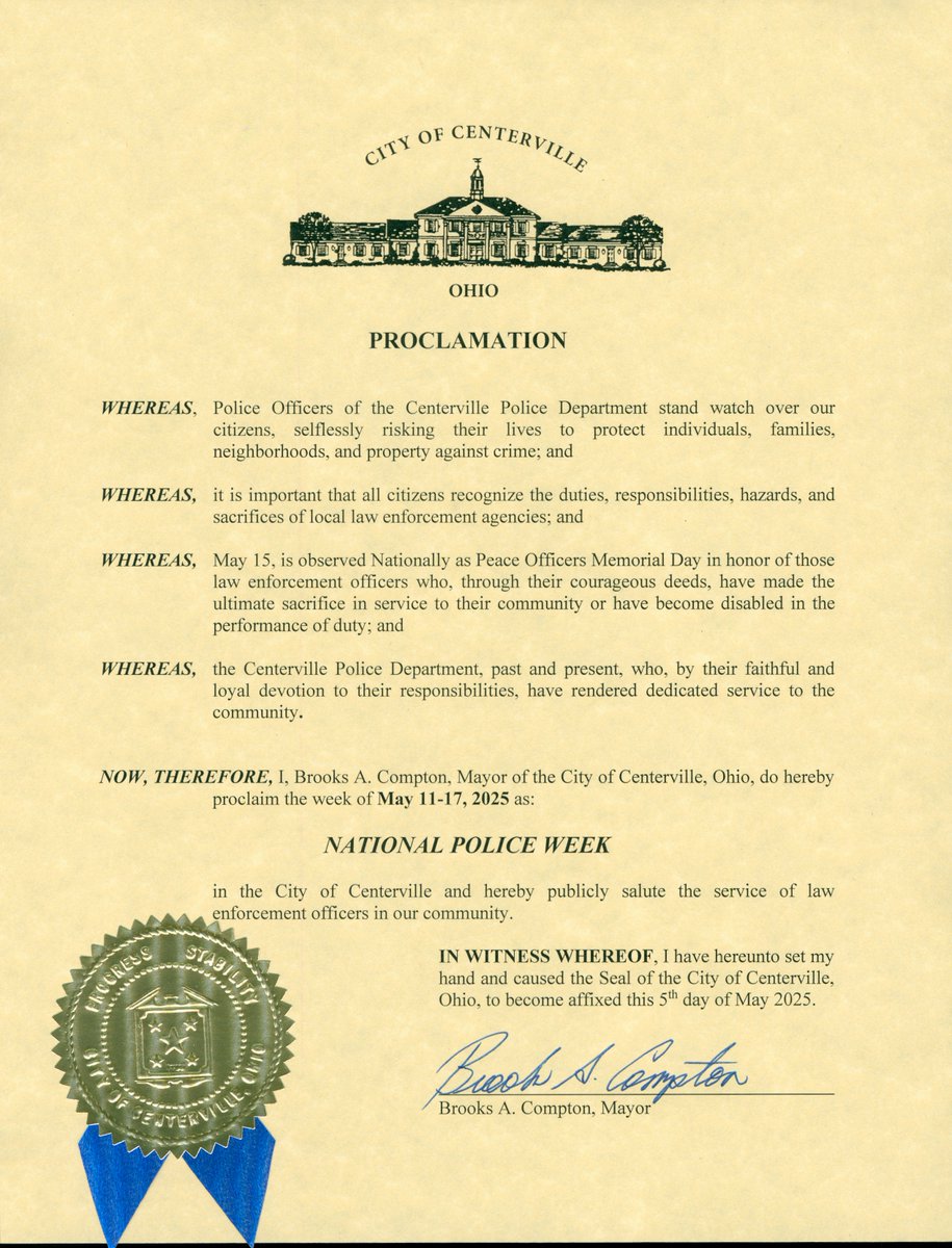 CentervilleOHPD's tweet photo. This week, as part of National Police Week, we honor law enforcement officers who have made the ultimate sacrifice in service to their communities.
Mayor Brooks Compton recently issued a proclamation declaring May-11-17 National Police Week in the City of Centerville. https://t.co/SkTaTvwzNZ