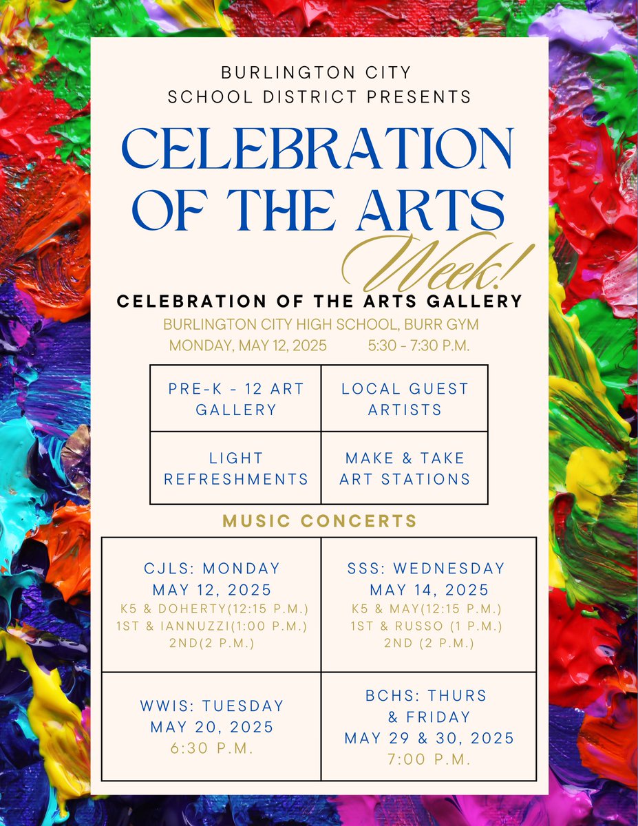 HAPPENING TODAY! Join us for our Celebration of the Arts Week Kickoff Event!
🎨PreK-12 Arts Gallery
🎨Local Guest Artists
🎨Light Refreshments
🎨"Make and Take" Art Stations

5:30 - 7:30 p.m.
Burlington City High School

We hope you will join us!
