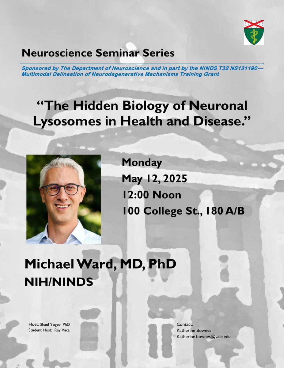 Yale Neuroscience (@yaleneuro) on Twitter photo Join us today at noon 🕛 for a seminar by Michael Ward, MD, PhD, from NIH/NINDS, on neuronal lysosomes in health and disease.
Thank you to <a href="/YaleNeuro/">Yale Neuroscience</a>'s Shaul Yogev and Ray Vaca for hosting! We hope to see you there! Join us today at noon 🕛 for a seminar by Michael Ward, MD, PhD, from NIH/NINDS, on neuronal lysosomes in health and disease.
Thank you to <a href="/YaleNeuro/">Yale Neuroscience</a>'s Shaul Yogev and Ray Vaca for hosting! We hope to see you there!
