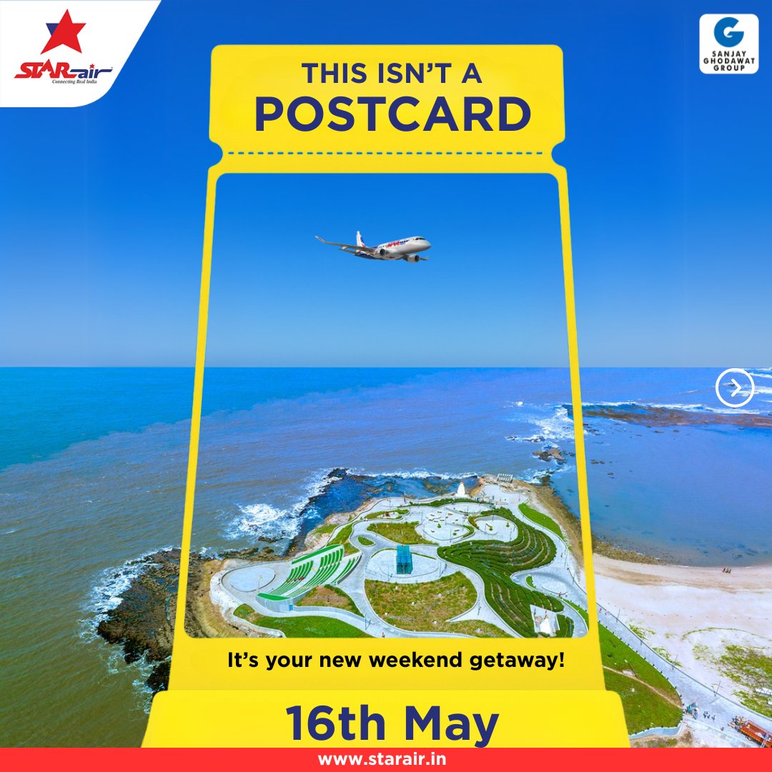 OfficialStarAir's tweet photo. Not just a journey - a weekend escape.

Fly direct to Diu from Goa or Ahmedabad. Sun, sand &amp; serenity await.

Fares from ₹1499 | 5 flights a week.

#Diu #Goa #Ahmedabad #ConnectingRealIndia #StarAir #FlyWithStarAir #FlyS5 #EmbraerE175 #E175 #Embraer #Sanjayghodawatgroup https://t.co/orTeQWq3QW