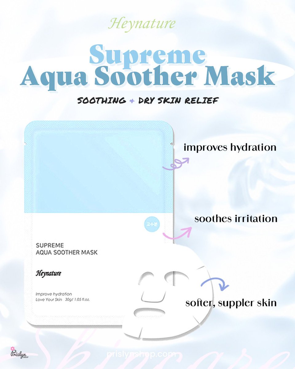 prislynshop's tweet image. Heynature 𝗦𝘂𝗽𝗿𝗲𝗺𝗲 𝗔𝗾𝘂𝗮 𝗦𝗼𝗼𝘁𝗵𝗲𝗿 𝗠𝗮𝘀𝗸 is the soothing and moisturising sheet mask you need. 

#FaceMasks #Prislynshop #SheetMasks #Dryskin #Relief #Dryness #Heynature #SupremeAquaSootherMask #HydratingMask #Aqua