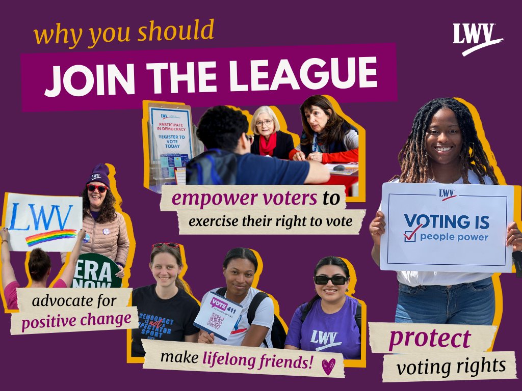*Right now* is a great time for new members to join the LWV. Read about the LWV "Unite and Rise 8.5" initiative here: lwv.org/uniteandrise

Everyone is welcome in the League! Join here: portal.lwv.org