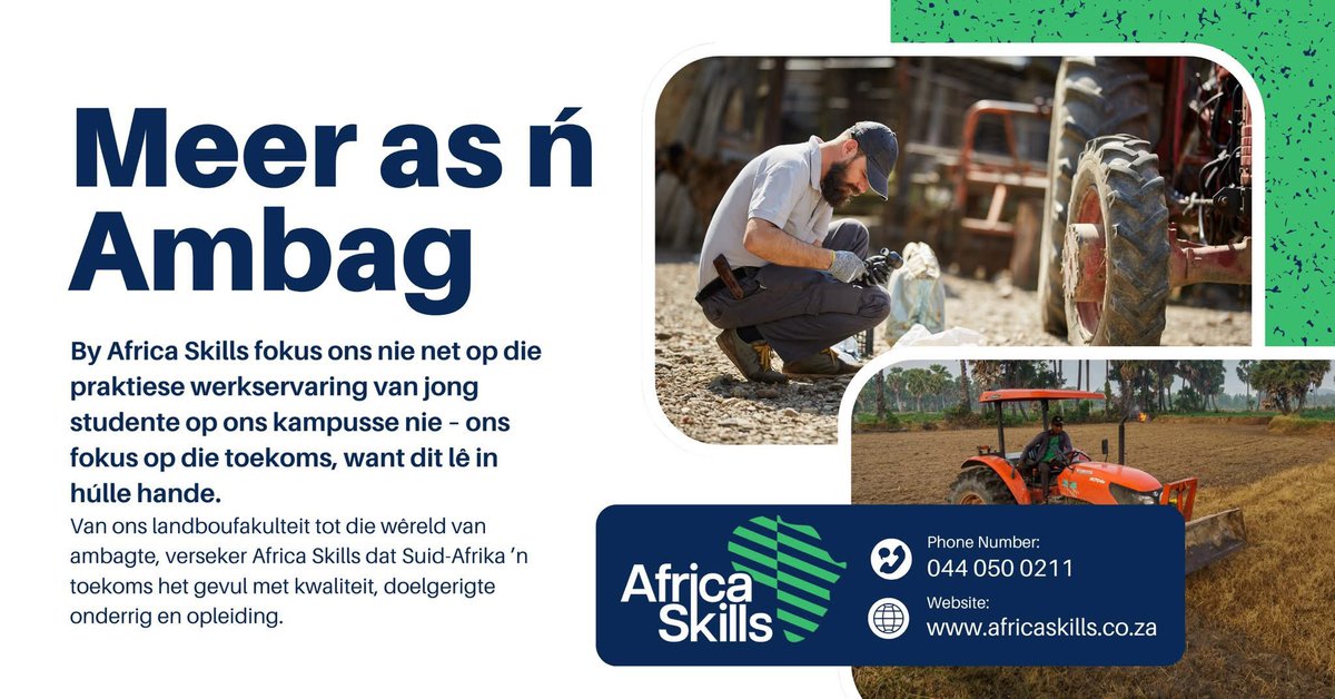 #agrisynergyvennoot 

𝗠𝗲𝗲𝗿 𝗮𝘀 ’𝗻 𝗮𝗺𝗯𝗮𝗴? 🔧🌱

By Africa Skills glo ons in méér as net praktiese werk – ons bou aan die toekoms van Suid-Afrika deur doelgerigte en kwaliteit opleiding in ambagte en landbou. 💪🇿🇦

🌐 Besoek ons: africaskills.co.za