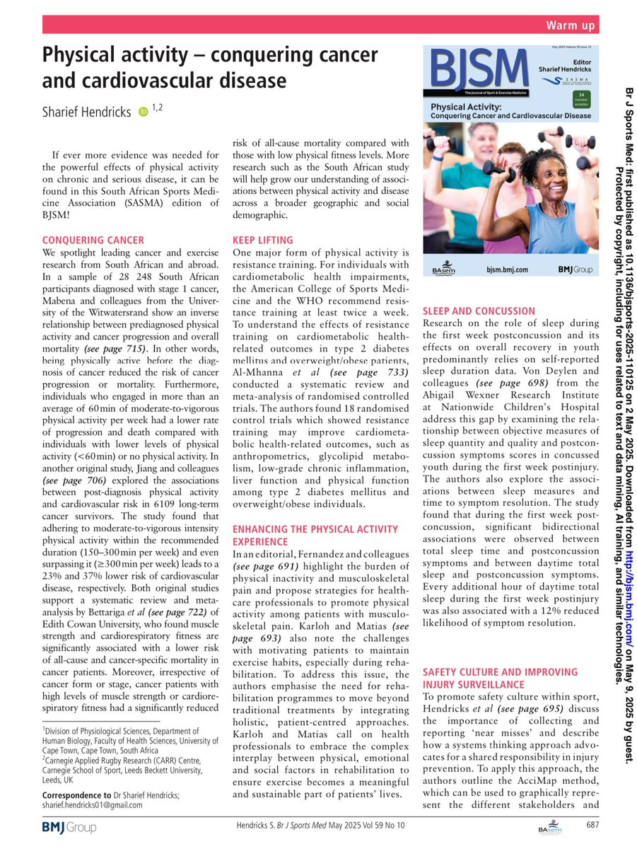 Check out <a href="/SASMA_ZA/">SASMA</a> <a href="/BJSM_BMJ/">British Journal of Sports Medicine (BJSM)</a> - Physical Activity - conquering cancer and cardiovascular disease bjsm.bmj.com/content/59/10