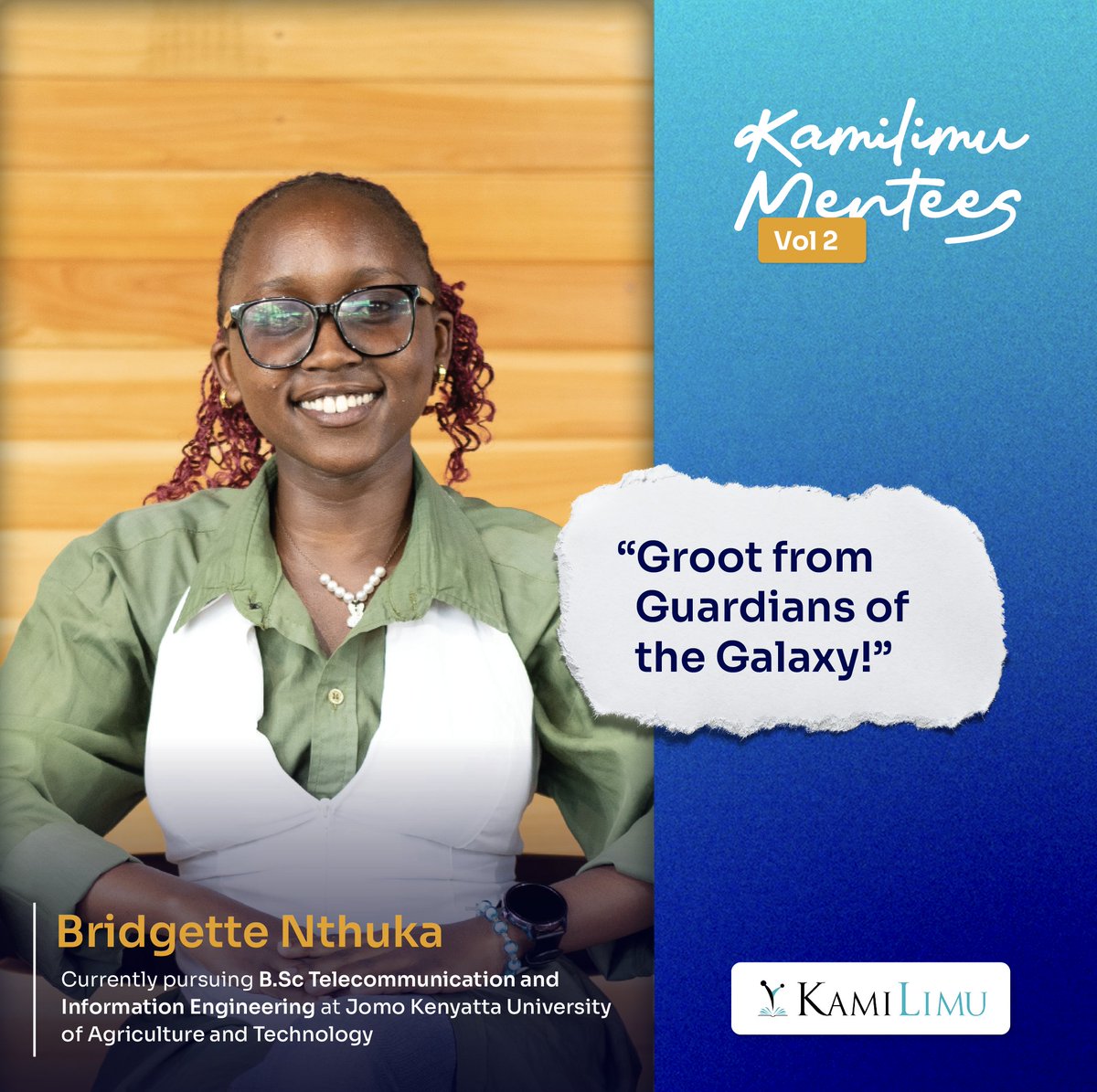 KamiLimu's tweet photo. 🚨NEW SERIES ALERT 🚨
Every KamiLimu cohort brings something fresh. Something brave. Something deeply human.
This time, we handed our mentees a question that unlocked whole new worlds.
"If you were a fictional character, who would you be—and how would you use responsible tech in the world you’re building?"

The first mentee on the spotlight is Bridgette Nthuka. Here is her response:
 
"GROOT from Guardians of the Galaxy!
Okay, maybe I’m a little biased, I’m on the shorter side myself. 😅
But there’s something powerful about Groot: his weapons grow from his own body, making them naturally sustainable. That’s what responsible tech means to me — solutions that don’t just work, but care for the planet while they do.

If I were Groot in tech, I’d build eco-friendly inventions that keep carbon footprints in check.And just like how Groot communicates with everyone using one simple phrase — “I am Groot!” — responsible tech should be just as inclusive, accessible, and fair, no matter who’s using it."

Our #menteeoftheday today is Bridgette Nthuka Musango, currently pursuing https://t.co/U8z0K3pgHw Telecommunication and Information Engineering at Jomo Kenyatta University of Agriculture and Technology.