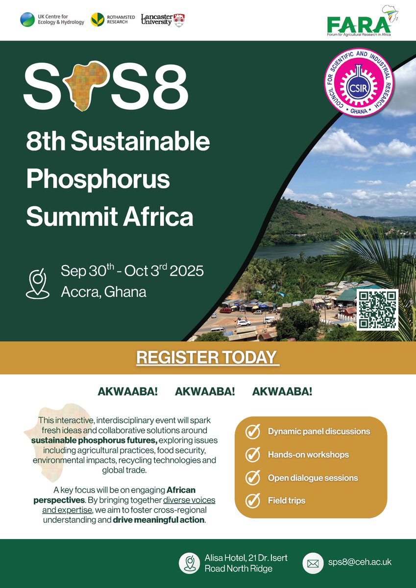Register now for the Sustainable Phosphorus Summit, where researchers, policymakers, industry leaders, and stakeholders from around the world will  tackle the challenge of securing a sustainable future for #phosphorus.

registration.lancaster.ac.uk/Registration/W…

#agriculture #farming #africa