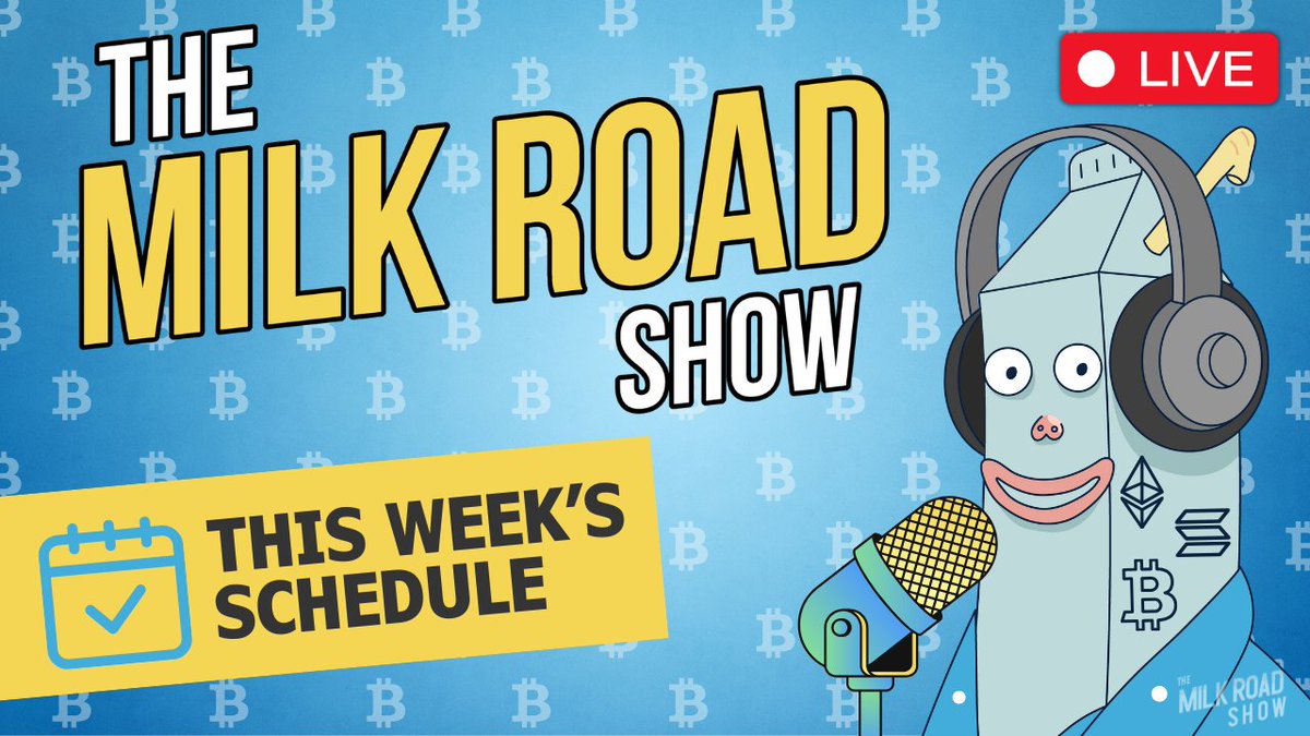 This Week on the Milk Road Show Another stacked week ahead: Monday –  @bgilliam1982 Tuesday – @ztownsend - Founder @meanwhilelife Wednesday –  @EVE_Frontier Thursday – Milk Road Macro @ Consensus w/ @Matt_Hougan (