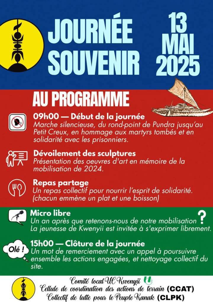 Une journée commémorative du soulèvement du 13 mai 2024 aura lieu demain sur Kwenyii (Île Des Pins).

Lieu: Île Des Pins, Province Sud, Nouvelle-Calédonie 
Date: 13.05.25

Source: facebook.com/share/p/1JHpmE…