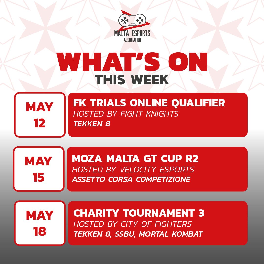Malta Esports Association (@malta_esports) on Twitter photo What's going on in esports this week?
๐ฏ <a href="/FightKnightsMT/">Fight Knights</a> Online Qualifier
๐
May 12
๐ Sign up: start.gg/tournament/figโฆ
๐ฏ <a href="/velocitymt/">Velocity Esports Racing</a> Malta GT Cup R2
๐
May 15
๐ฅ Watch: youtube.com/@VelocityEsporโฆ
๐ฏ <a href="/CityofFighters/">City of Fighters</a> Charity 3
๐
May 18
๐ Sign up: start.gg/tournament/citโฆ What's going on in esports this week?
๐ฏ <a href="/FightKnightsMT/">Fight Knights</a> Online Qualifier
๐
May 12
๐ Sign up: start.gg/tournament/figโฆ
๐ฏ <a href="/velocitymt/">Velocity Esports Racing</a> Malta GT Cup R2
๐
May 15
๐ฅ Watch: youtube.com/@VelocityEsporโฆ
๐ฏ <a href="/CityofFighters/">City of Fighters</a> Charity 3
๐
May 18
๐ Sign up: start.gg/tournament/citโฆ