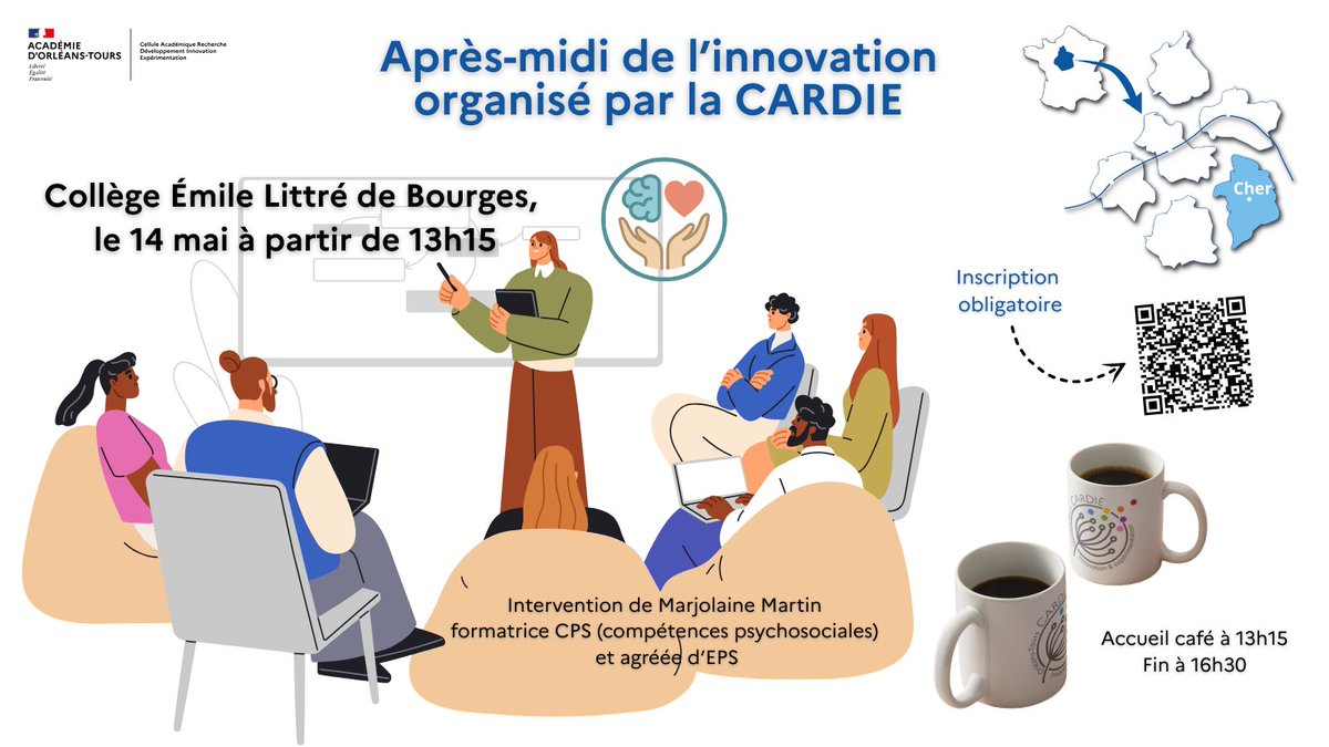 📅RAPPEL : Après-midi de l'innovation dans le Cher (18) organisé par la #CARDIE ce mercredi 14 mai au Collège Emile Littré de Bourges de 13h15 à 16h30.
☑️Démarche de projet et #CPS  au programme !
<a href="/ac_orleanstours/">Académie d'Orléans-Tours</a> <a href="/dsden18/">DSDEN du Cher - Académie d'Orléans-Tours</a>