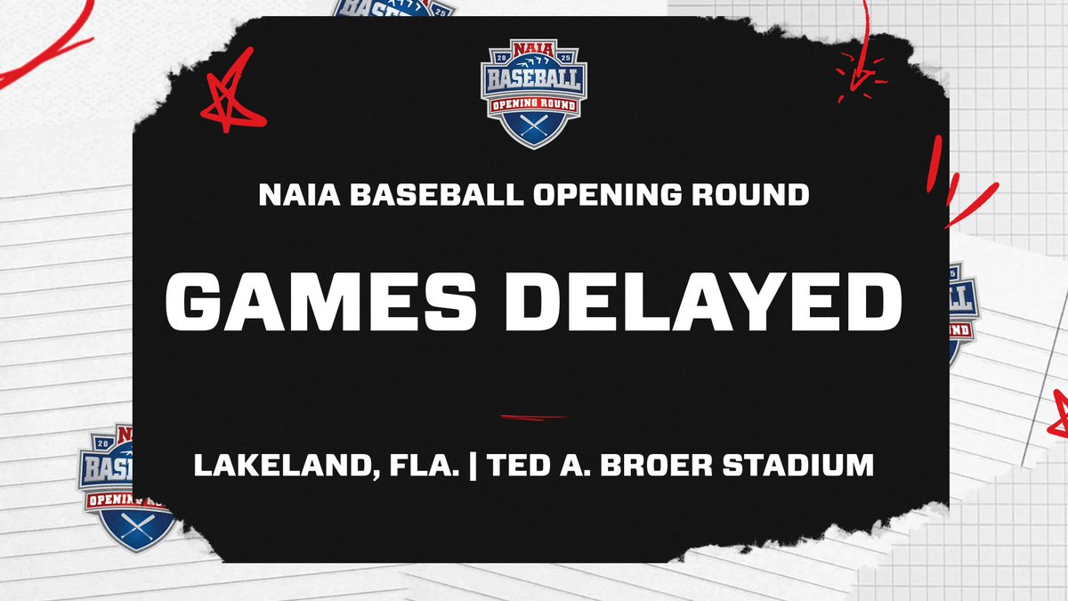 🚨GAMES DELAYED🚨

Due to inclement weather, all Lakeland, Fla. <a href="/NAIA/">NAIA</a> Baseball Opening Round games at Ted A. Broer Stadium have been delayed ONE HOUR.

#FuelTheFire🔥 #TheRightWaytoPlay #NAIABaseball #BattleForTheRedBanner <a href="/NAIABall/">NAIA Ball</a>