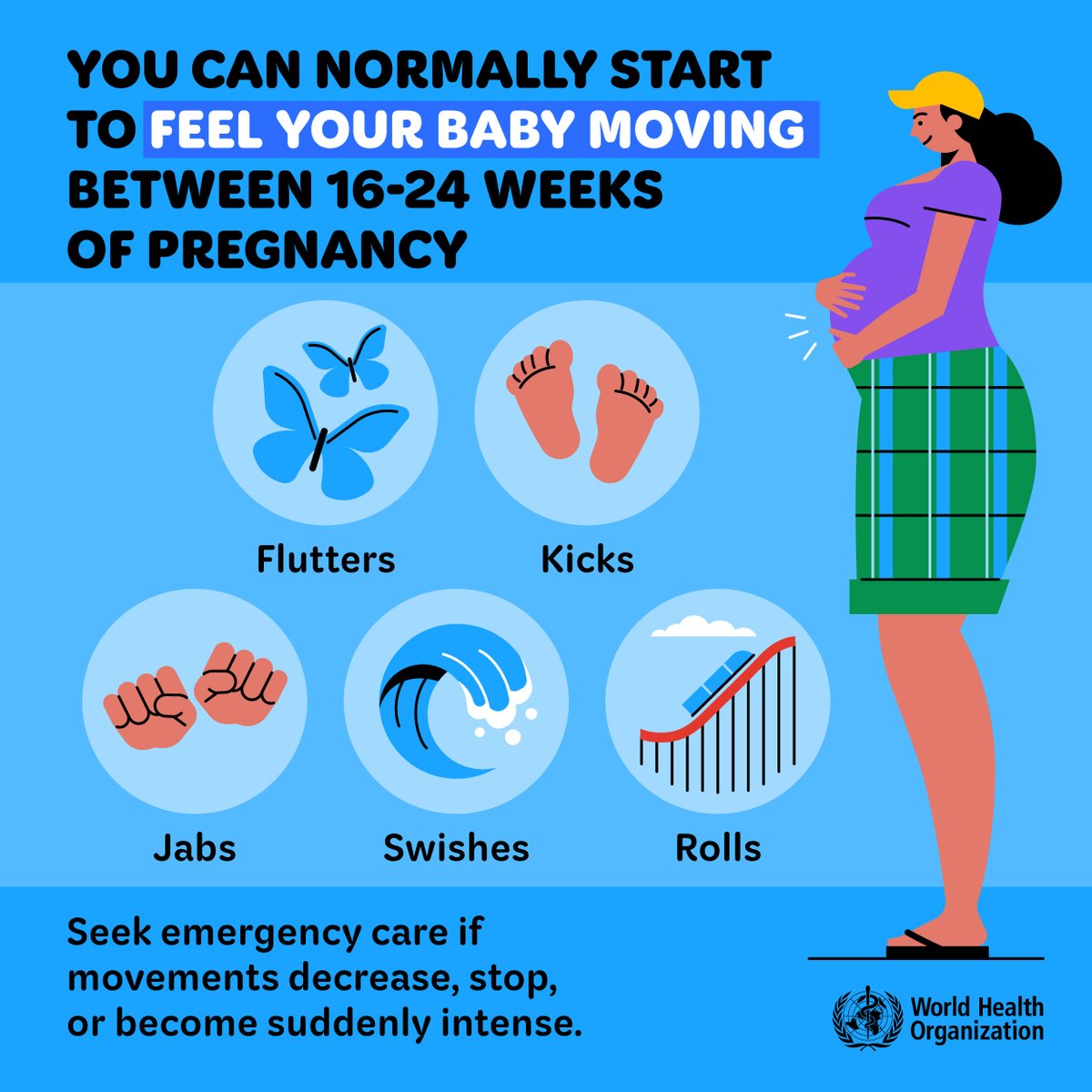 Baby movements are normally felt between 16–24 weeks of pregnancy. Mothers are encouraged to seek emergency care if movements decrease, stop, or become suddenly intense. Relying on home monitoring kits to check a baby’s heartbeat is discouraged, because they will not reliably