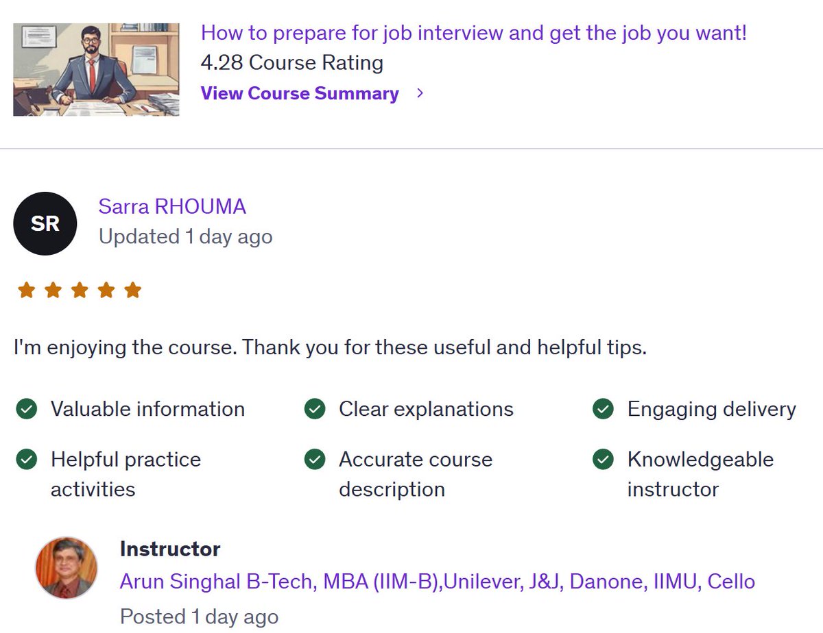 EnrichmentorIn's tweet image. Enroll in this &quot;I&apos;m enjoying the course&quot; Udemy course and get on Top of the World. 😎 udemy.com/course/how-to-…
#interview #interviewcalls #jobinterview