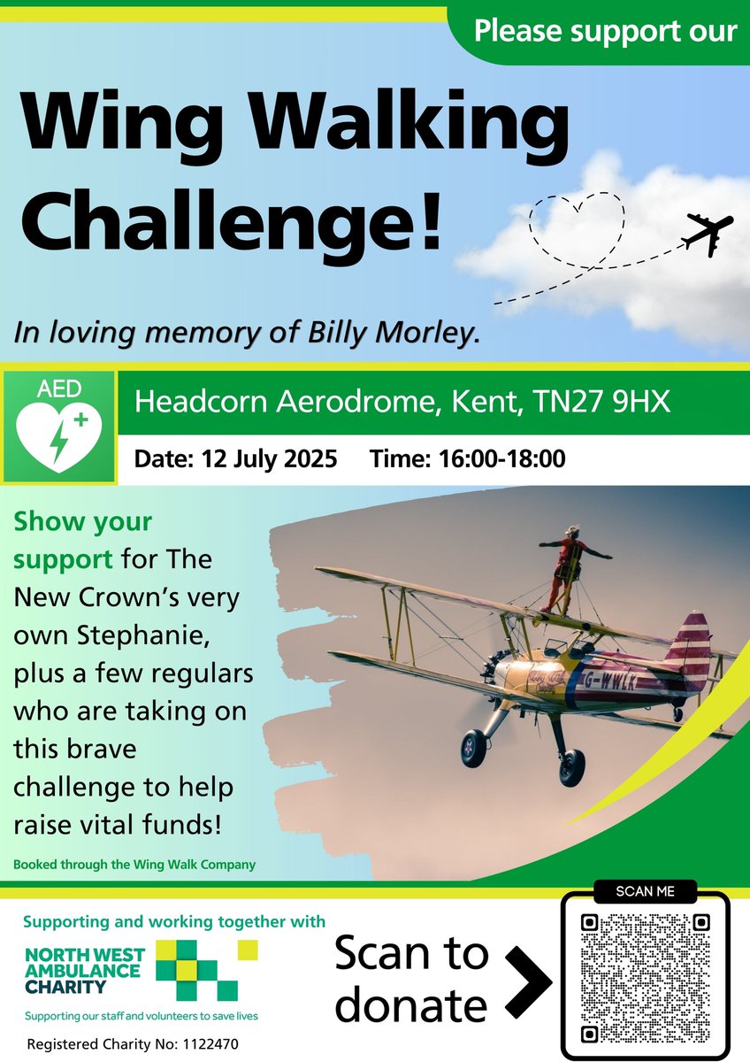 The next fundraising event is 12th July in memory of Billy Morley. 
Stephanie will be taking on her biggest fear &amp; completing a Wing Walk ✈️. All funds raised will purchase new defibrillators &amp; cabinets for hotspot locations in West Cumbria. Donate via :gofundme.com/f/the-morleys-…