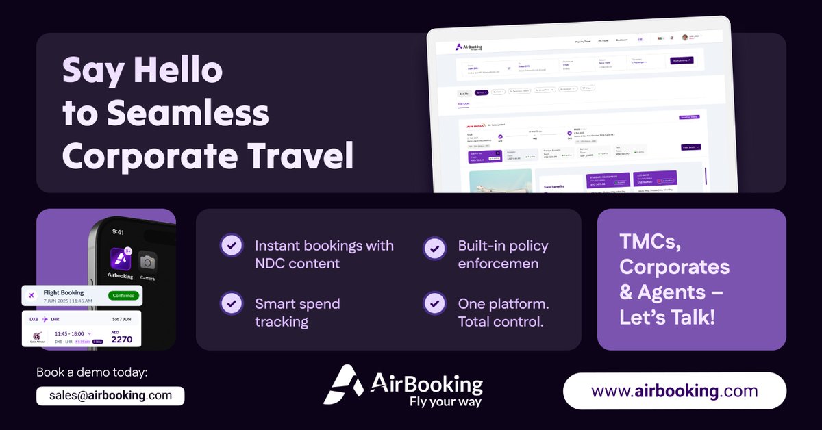 AirBookingUAE's tweet photo. Airbooking offers smart, seamless travel management—real-time NDC fares, policy compliance &amp; expense tracking in one platform. Demo: sales@airbooking.com #CorporateTravel #Airbooking https://t.co/F8E7bZI5RO