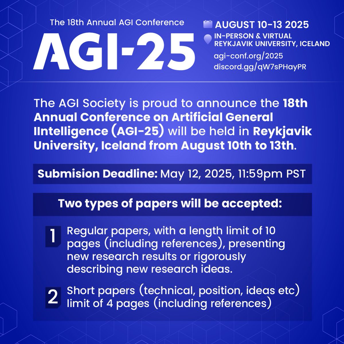 Michael Timothy Bennett (@mitibennett) on Twitter photo the deadline approaches. some amazing submissions this year, keep it up! 21 hours left until end of day, 12th of may, anywhere on earth. there is still time to write another paper! <a href="/AGI_Society/">The Artificial General Intelligence Society</a> the deadline approaches. some amazing submissions this year, keep it up! 21 hours left until end of day, 12th of may, anywhere on earth. there is still time to write another paper! <a href="/AGI_Society/">The Artificial General Intelligence Society</a>