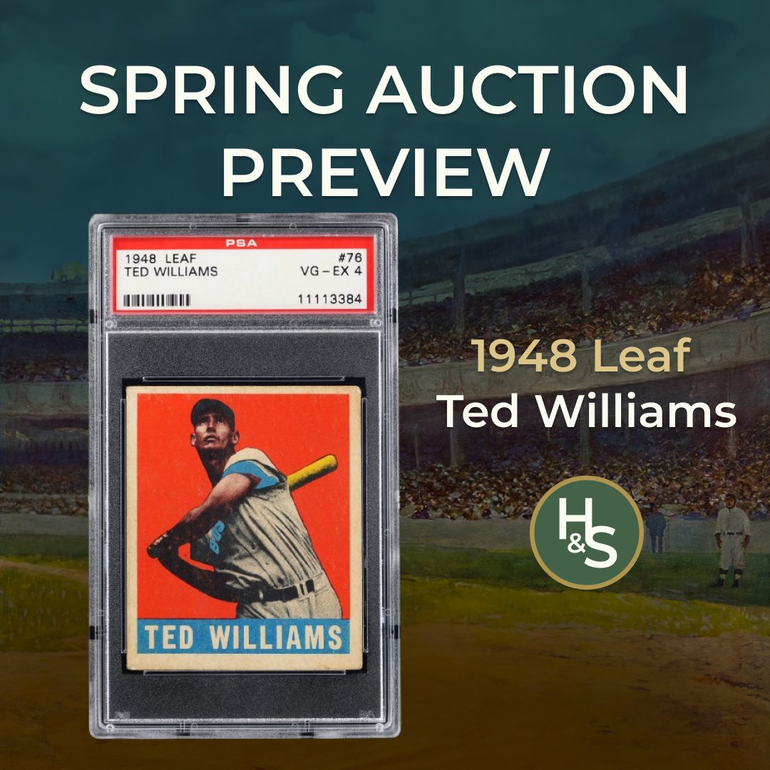 HugginsAndScott's tweet image. A cornerstone card for collectors chasing postwar icons, the 1948 Leaf Ted Williams is a lasting tribute to the arguably purest hitter the game has ever seen.

Spring Auction bidding starts this Thursday! ⏳

#TheHobby #TedWilliams #LeafBaseball #1948Leaf #VintageBaseballCards