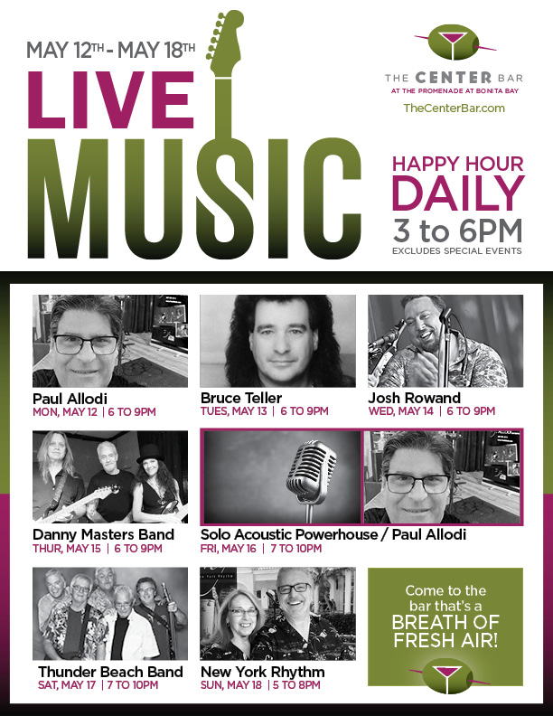 🎶 Another week, another great lineup at The Center Bar! 🎶
We’ve got the tunes, the drinks, and the perfect Florida evenings waiting for you. Come out and enjoy live music all week long — no cover, just good vibes. 🌴🍷