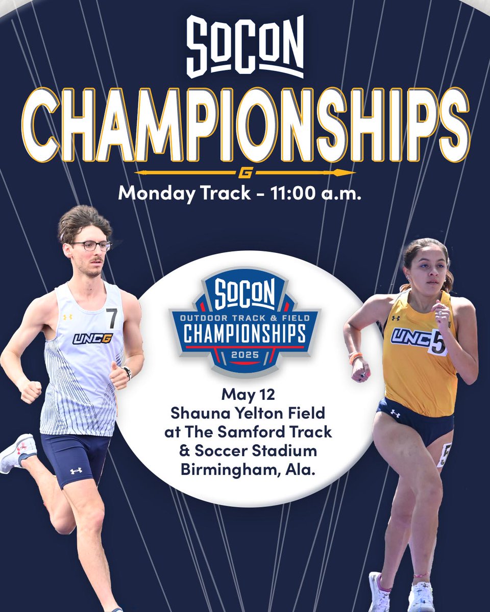 UNCGXC (@uncgxc) on Twitter photo We are ready to get postseason started with the <a href="/SoConSports/">The Southern Conference</a> Championships! 🏃♂️🏃♀️
📍Birmingham, Ala.
🏟️ Shauna Yelton Field at The Samford Track & Soccer Stadium
Track events🕚11 AM
📊 go.uncg.edu/sw5emv
#letsgoG We are ready to get postseason started with the <a href="/SoConSports/">The Southern Conference</a> Championships! 🏃♂️🏃♀️
📍Birmingham, Ala.
🏟️ Shauna Yelton Field at The Samford Track & Soccer Stadium
Track events🕚11 AM
📊 go.uncg.edu/sw5emv
#letsgoG