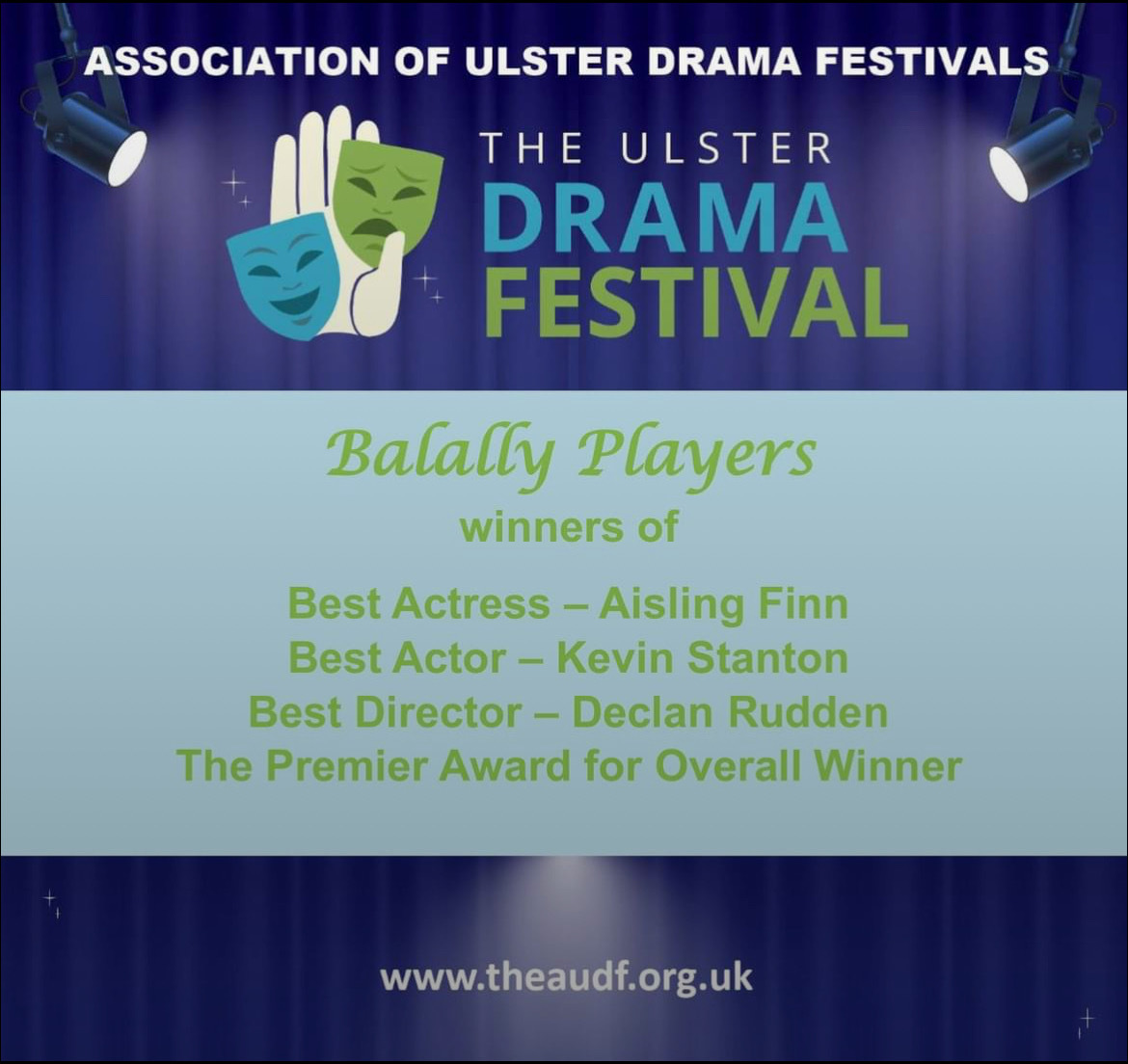Balally Players (@balallyplayers) on Twitter photo The cast and crew of Ulster American had a great trip to Newtonabbey to compete in the <a href="/audfweb/">Association of Ulster Drama Festivals</a> finals this week, and were delighted to scoop so many awards! Next stop Athlone this week for the <a href="/AllIrelandDram1/">RTÉ All IrelandDrama</a> Festival! The cast and crew of Ulster American had a great trip to Newtonabbey to compete in the <a href="/audfweb/">Association of Ulster Drama Festivals</a> finals this week, and were delighted to scoop so many awards! Next stop Athlone this week for the <a href="/AllIrelandDram1/">RTÉ All IrelandDrama</a> Festival!