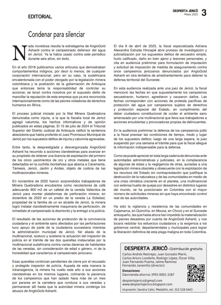 🚫La editorial del #DespiertaJericó "Condenar para silenciar" describe la estrategia judicial de Anglogold Ashanti contra 11 campesinos de Jericó, citados por la Fiscalía mañana martes, acusados de secuestro simple, hurto calificado...
Sigue👇 <a href="/petrogustavo/">Gustavo Petro</a>
#EstoyConLos11DeJericó