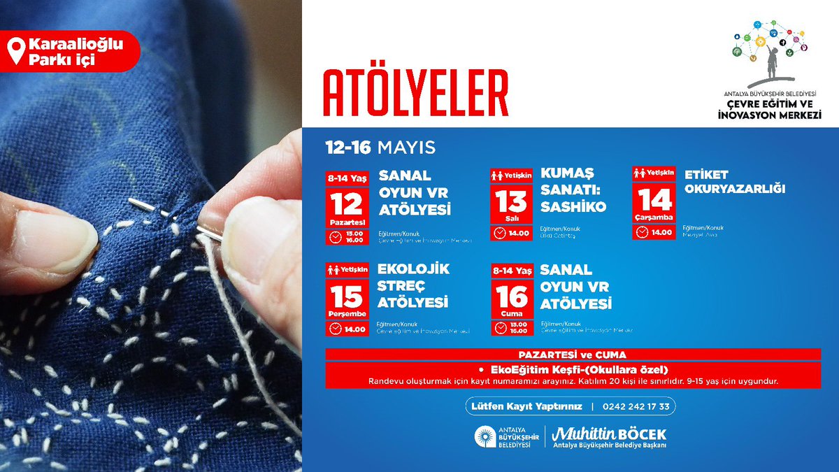 🌿 Doğayla buluşmaya hazır mısın?
ABB Çevre Eğitim ve İnovasyon Merkezi, 12-18 Mayıs’ta çevre dostu atölyelerle seni bekliyor! ♻️
📍 Karaalioğlu Parkı
📞 Kayıt: 0242 242 17 33
🎟️ Katılım ücretsiz, kayıt zorunlu!