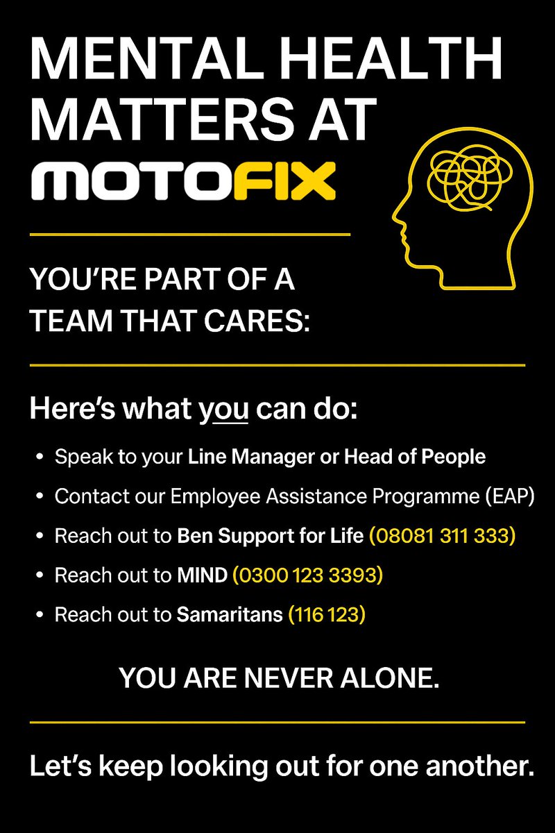 🧠 Mental Health Matters at Motofix! In support of Mental Health Awareness Month, we’re reminding every team member that support is always available—whether you’re having a tough day or just need someone to talk to.