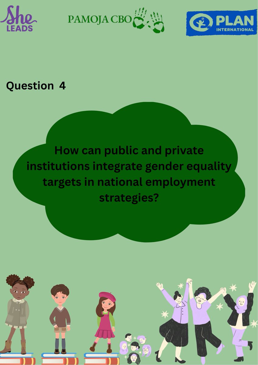 Pamoja Community-Based Organisation (@pamojacbo_ke) on Twitter photo Question 4
How can public and private institutions integrate Gender equality targets in national employment strategies?
#EmpowerHerNow
#OpportunitiesforHer
<a href="/PlanKenya/">Plan International Kenya</a>
<a href="/SheLeadsKenya/">She Leads Kenya</a>
<a href="/ImarishaFuture/">ImarishaFuture ForGirlsCBO</a> Question 4
How can public and private institutions integrate Gender equality targets in national employment strategies?
#EmpowerHerNow
#OpportunitiesforHer
<a href="/PlanKenya/">Plan International Kenya</a>
<a href="/SheLeadsKenya/">She Leads Kenya</a>
<a href="/ImarishaFuture/">ImarishaFuture ForGirlsCBO</a>