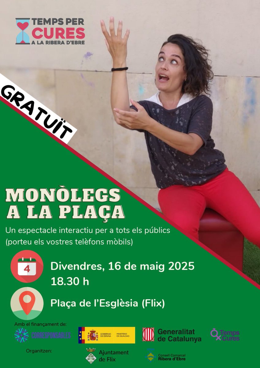 Consell Comarcal de la Ribera d’Ebre (@ccriberaebre) on Twitter photo 📅 Divendres, 16 de maig
⏰ 18.30 h
📍 Plaça de l’Església, Flix
🎭 Vine a gaudir de “Monòlegs a la plaça”, un espectacle interactiu i per a tots els públics que et farà pensar, participar i actuar!
<a href="/AjuntamentFlix/">Ajuntament de Flix</a> <a href="/igualtatcat/">Igualtat i Feminisme</a> #DiaInternacionalDeLesFamílies #RiberadEbre #Flix 📅 Divendres, 16 de maig
⏰ 18.30 h
📍 Plaça de l’Església, Flix
🎭 Vine a gaudir de “Monòlegs a la plaça”, un espectacle interactiu i per a tots els públics que et farà pensar, participar i actuar!
<a href="/AjuntamentFlix/">Ajuntament de Flix</a> <a href="/igualtatcat/">Igualtat i Feminisme</a> #DiaInternacionalDeLesFamílies #RiberadEbre #Flix