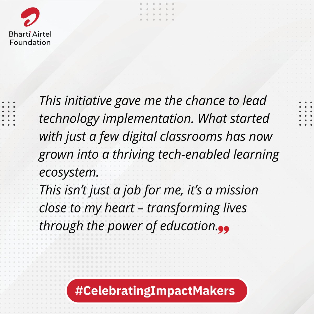 At Bharti Airtel Foundation, our strength lies in the passion of our people.

With #CelebratingImpactMakers, we embrace the inspiring journeys of our own Bharti Airtel Foundation colleagues who turn passion into impact.

Meet Simardeep Singh-one such changemaker whose efforts are
