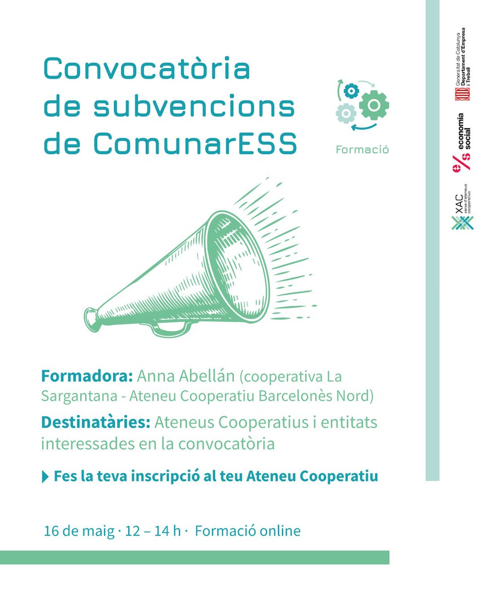 Coopsetània (@coopsetania) on Twitter photo 🌟 Formació sobre la subvenció ComunarESS 2025
<a href="/AteneusCoopCat/">Xarxa d'Ateneus Cooperatius (XAC) de Catalunya</a> organitza una sessió adreçada a tècniques dels ateneus, entitats de l’ESS i agrupacions de persones físiques sense personalitat jurídica.
🗓 16 de maig
🕑 12-14h
🌐 Virtual
Inscripcions:
bit.ly/3SuniyG 🌟 Formació sobre la subvenció ComunarESS 2025
<a href="/AteneusCoopCat/">Xarxa d'Ateneus Cooperatius (XAC) de Catalunya</a> organitza una sessió adreçada a tècniques dels ateneus, entitats de l’ESS i agrupacions de persones físiques sense personalitat jurídica.
🗓 16 de maig
🕑 12-14h
🌐 Virtual
Inscripcions:
bit.ly/3SuniyG
