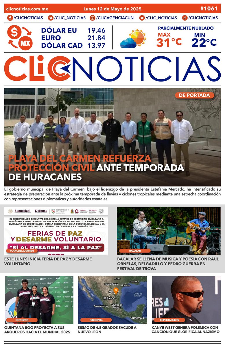 Infórmate ‼️ La portada en un CLIC📰👆🏻
🗓️Lunes, 12 de mayo del 2025 
🌐clicnoticias.com.mx
#LalnformaciónEnUnClic #ClicNoticias
#news #QuintanaRoo #buenosdías #cancún
#goodmorning #QuintanaRoo #ClicNoticias
clicnoticias.com.mx