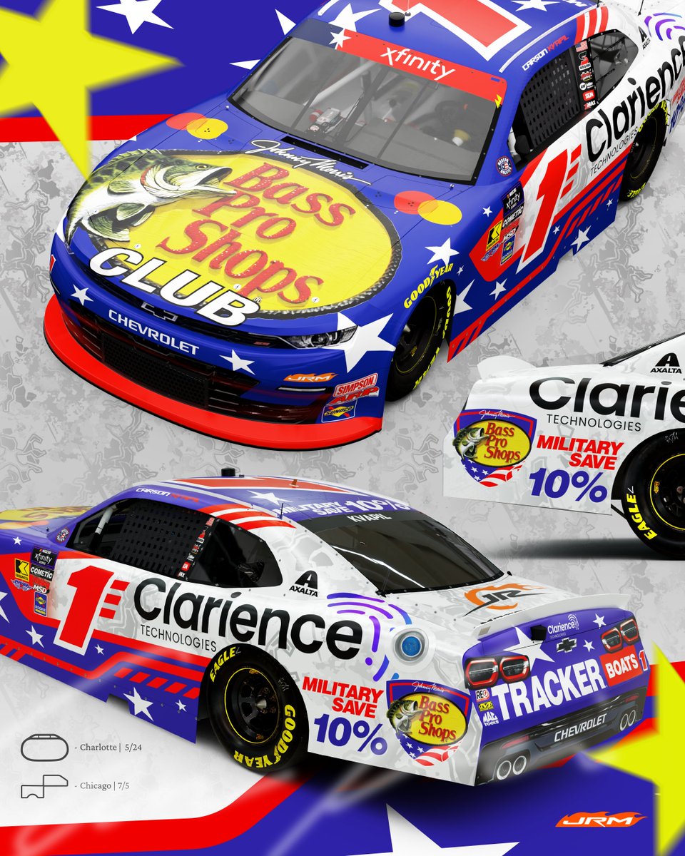 A Patriotic Salute. 🫡 

<a href="/Carson_Kvapil/">Carson Kvapil</a> will carry a special <a href="/BassProShops/">Bass Pro Shops</a> / Clarience Technologies Chevrolet for Charlotte in May and Chicago in July.